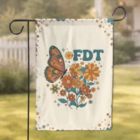 Retro Swirl Butterfly Starburst Floral FDT Text 1970s Home Decor Gift for Nature Lovers Garden Flag