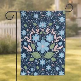 Navy Blue Light Blue Pink Folk Art Flowers & Sage Green Leaves Botanicals - Home Decor Gift Garden Flag
