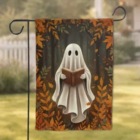 Friendly Ghost Holding Worn Book Dense Autumn Leaves Forest - Autumn Home Decor Gift Garden Flag