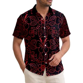 High Contrast Red Hibiscus Flowers Black Field Tropical Lifestyle Island Vacation Gift Hawaiian Shirt