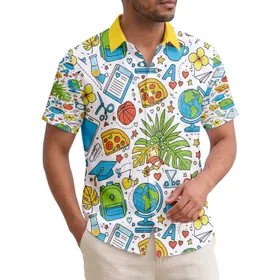 Globes Books Pencils Apples Hibiscus Monstera Tropical Leaves - Student Back to School Gift Hawaiian Shirt