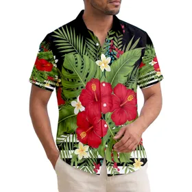 Fuchsia Hibiscus Monstera Leaves Black White Stripes Tropical Home Decor Gift Hawaiian Shirt