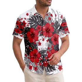 Diagonal Swirl Red Tropical Flowers Black Botanical Elements - Island Vacation Gift Hawaiian Shirt