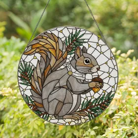 Grey Squirrel Acorn Bushy Tail Pine Branches - Wildlife Lover Home Decor Gift Stained Glass Suncatcher