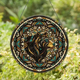 Stained Glass Mosaic Tribal Bear Head Concentric - Home Decor Gift for Bear Lover Stained Glass Suncatcher