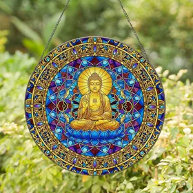 Radiant Golden Buddha Blue Lotus Tiffany Stained Glass - Home Decor Gift for Yoga Lover Stained Glass Suncatcher