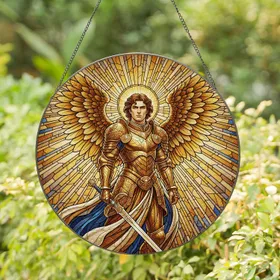 Majestic Male Angel Golden Halo Elaborate Armor Celestial Light - Home Decor Gift Stained Glass Suncatcher