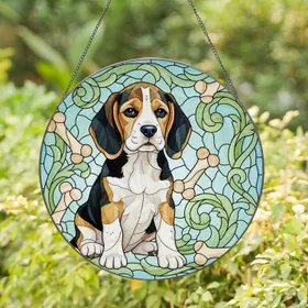 Tri-color Beagle Puppy Swirling Leaf Dog Bones Paw Prints - Dog Lover Home Decor Gift Stained Glass Suncatcher