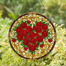 Stained Glass Rose Heart Blooming Floral Mosaic - Home Decor Gift for Rose Lover Stained Glass Suncatcher
