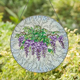 Lush Wisteria Flowers Cascading Green Leaves - Home Decor Gift for Garden Lover Stained Glass Suncatcher