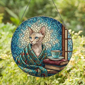 Sphynx Cat Antique Books Teacup - Home Decor Gift for Cat Lover Stained Glass Suncatcher