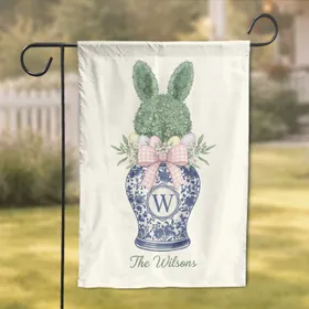 Bunny Topiary Easter Eggs Monogram Custom Family Name and Letter - Easter Home Decor Gift for The Wilsons Garden Flag