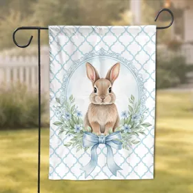 Brown Baby Rabbit Blue Ribbon Green Wreath Light Blue Quatrefoil - Wildlife Lover Home Decor Gift Garden Flag