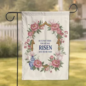 Ornate Floral Arch 'He Has Risen' Text - Easter Religious Gift for Believers Garden Flag