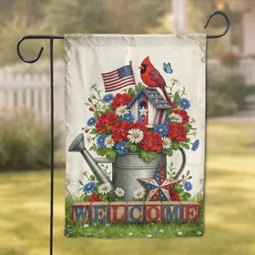 Rustic Welcome Blocks Garden Floral Birdhouse Cardinal - Patriotic Home Decor Gift Garden Flag
