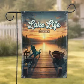 Custom Family Name Lake Life Adirondack Chair Dock Sunset - Lake House Decor Gift Garden Flag