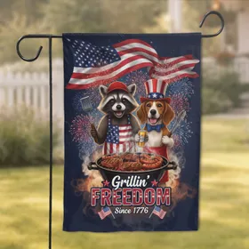 Grillin' FREEDOM Raccoon Beagle American Flag Fireworks - Independence Day BBQ Garden Flag