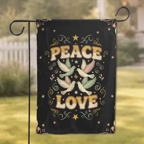 Peace Love Doves Flying with Stars Swirling Tendrils Botanical Leaf Elements - Home Decor Gift Garden Flag
