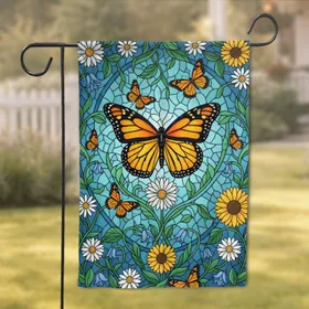 Monarch Butterflies Stained Glass Floral - Wildlife Lover Home Decor Gift Garden Flag