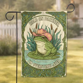 Green Frog Pink Cowboy Hat Lily Pad Overstimulated Art Nouveau Foliage - Frog Lover Gift Garden Flag