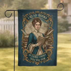 Victorian Woman Reading Book with Academic Motifs - Home Decor Gift for Book Lovers Garden Flag