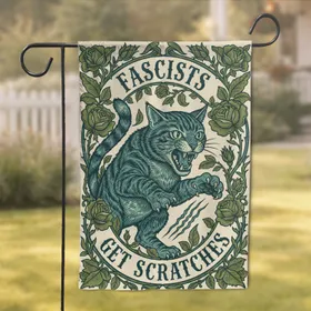 Fierce Tabby Cat 'Fascists Get Scratches' Art Nouveau Floral - Cat Lover Home Decor Gift Garden Flag