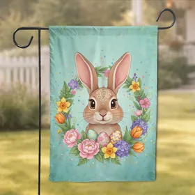 Cheerful Brown Rabbit Spring Floral Wreath Easter Eggs - Easter Home Decor Garden Flag