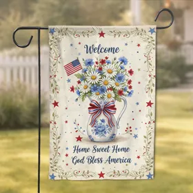 Vintage Pitcher American Flag Wildflowers Welcome Home Sweet Home - Farmhouse Decor Gift Garden Flag