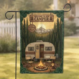 Camper Trailer Campfire Mountains Welcome Sign - Camping Home Decor Gift for RV Owners Garden Flag