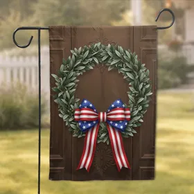Red White Blue American Flag Bow Olive Leaf Wreath - Home Decor Gift Garden Flag