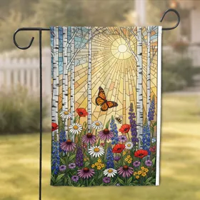 Diverse Wildflower Garden Monarch Butterfly Birch Trees Stained Glass Home Decor Gift Garden Flag