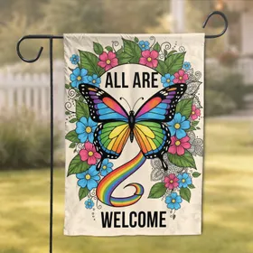 Butterfly ALL ARE WELCOME Flowers Foliage Lace - Home Decor Gift Garden Flag