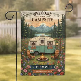 Welcome Campsite Travel Trailer Wildflowers Campfire Custom Name and Place- Camping Lover Decor Gift Garden Flag