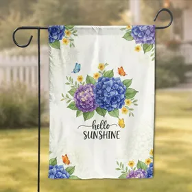 Lush Blue Hydrangeas Butterflies hello SUNSHINE - Everyday Home Decor Gift Garden Flag