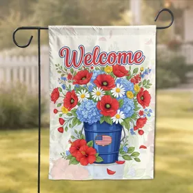 Welcome Patriotic Flowers American Flag Bucket - Home Decor Gift Garden Flag