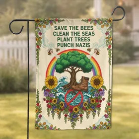 Green Tree Rainbow Boot Anti-Hate Message - Activism Home Decor Gift Garden Flag