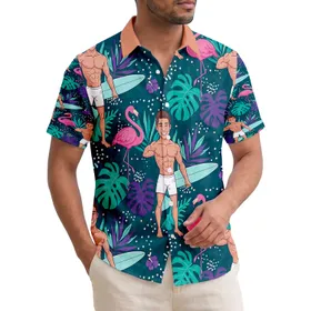 Smiling Surfer Man Flamingos Tropical Palm Monstera Leaves - Summer Beach Vacation Gift for Men Hawaiian Shirt