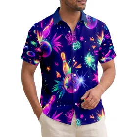 Glowing Neon Bowling Pins Iridescent Balls Blacklight Alley - Bowling Enthusiast Gift Hawaiian Shirt