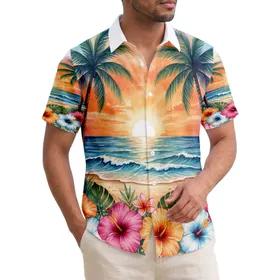 Vibrant Sunset Hibiscus Palm Trees Ocean Waves Shore - Tropical Home Decor Gift Hawaiian Shirt