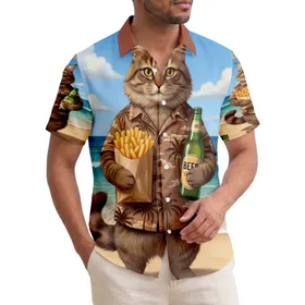 Fluffy Brown Tabby Cat French Fries Beer Beach - Vacation Lifestyle Gift for Cat Lover Hawaiian Shirt