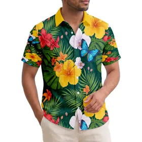 Yellow Hibiscus Red Plumeria Blue Morpho Butterfly Palm Fronds Home Decor Gift Hawaiian Shirt