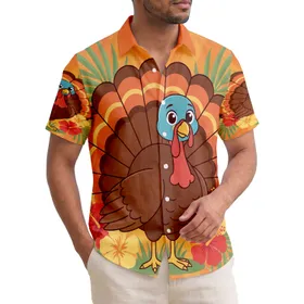 Cartoon Turkey Hibiscus Palm Tropical Sunset - Vacation Beach Lover Gift Hawaiian Shirt
