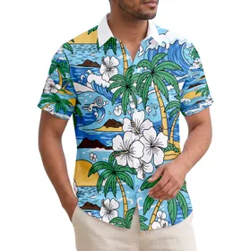 Tropical Beach Landscape Palm Trees Golden Sun Ocean Waves Hibiscus Flowers - Tropical Lifestyle Gift Hawaiian Shirt