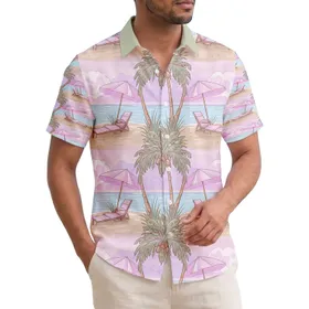 Pastel Pink Umbrellas Beach Chairs Palm Trees Sunset Scene - Tropical Vacation Gift Hawaiian Shirt