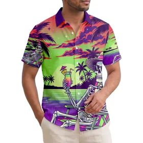 Skeleton Straw Hat Sunglasses Cocktail Beach Chair Stars - Tropical Vacation Gift Hawaiian Shirt