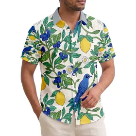 Blue Bird Blueberries Yellow Lemon Fruit White Daisy Red Berries Vines - Home Decor Gift Hawaiian Shirt