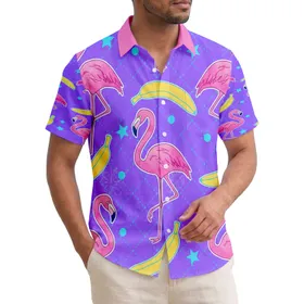Pink Flamingos Yellow Bananas Cyan Stars Polka Dots Tropical Island Paradise Gift Hawaiian Shirt