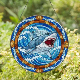 Powerful Great White Shark Ocean Waves - Shark Lover Home Decor Gift Stained Glass Suncatcher