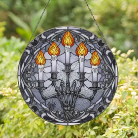 Gothic Candelabra Skeletal Hand Spiderweb - Halloween Decor Gift for Gothic Lover Stained Glass Suncatcher