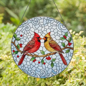 Cardinal Pair Branch Berries Winter Sky - Home Decor Gift for Bird Lovers Stained Glass Suncatcher